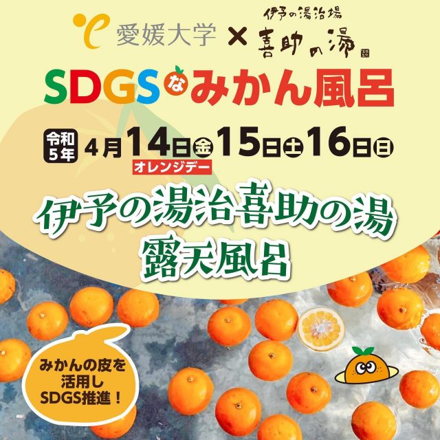 【　SDGsなみかん風呂開催♨️ 】
⁡
伊予の湯治場 喜助の湯が愛媛大学法文学部の和田ゼミナール（経営管理論専攻）とコラボ‼️
4月14日～16日までの3日間、
【SDGsなみかん風呂（陳皮）】を開催します❗️
⁡
地元の名産品である柑橘のフードロス削減に貢献する取り組みです😊
 
普段は廃棄されるだけのみかんの皮を乾燥させて「陳皮」に生まれ変わらせます✨
⁡
「陳皮」は、昔から漢方薬としても利用され、血行促進や湯冷め防止の効果が期待できます。
また、ビタミンによる美肌効果やリラックス効果までも期待できます🥰
⁡
ぜひ、みかん風呂をご堪能下さい！
皆様のご来店を心よりお待ちしております♨️
⁡
#伊予の湯治場喜助の湯 #喜助の湯 #松山温泉 #JR松山駅前 #キスケ #喜助 #kisuke #KISUKE #温泉 #温泉好きな人と繋がりたい  #サウナ #自動ロウリュウ #風神熱波 #愛媛県 #愛媛 #松山市 #松山 #サウナ小屋 #喜助の蒸 #サウナイキタイ #サ活　#SDGs #みかん風呂 #愛媛大学