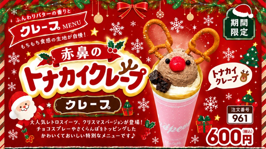 4種のチョコを使った「赤鼻のトナカイクレープ」が11月1日より期間限定販売！